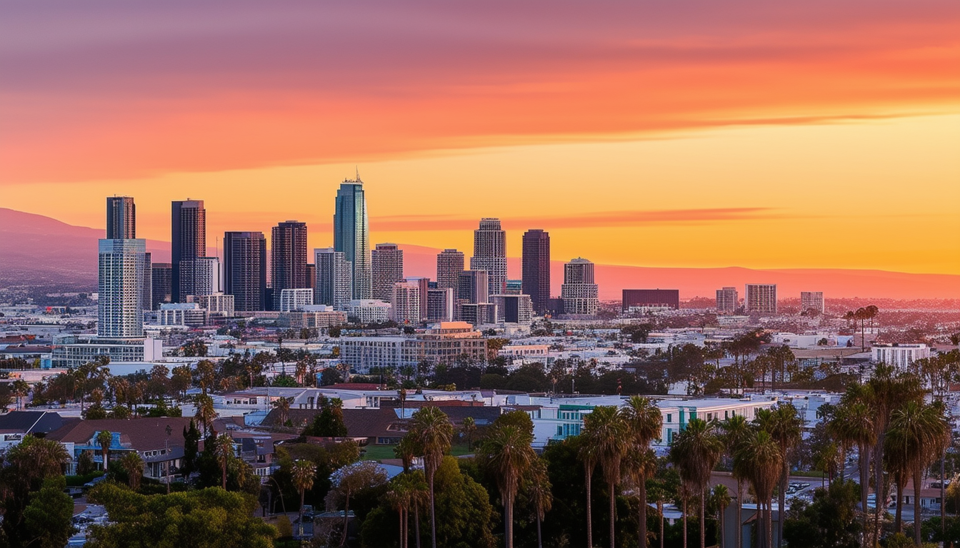 Sunset view of San Diegos skyline with a blend of